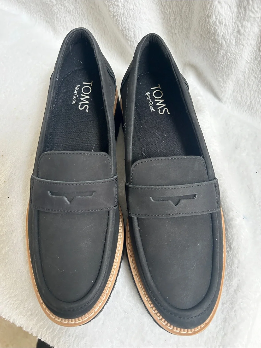 TOMS Black Loafers with Tan Trim - Men's Slip-On Penny Style